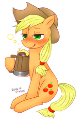 Size: 457x686 | Tagged: safe, artist:divided-s, applejack, g4, blushing, cider, drunk, drunk aj, female, simple background, sitting, solo, tongue out