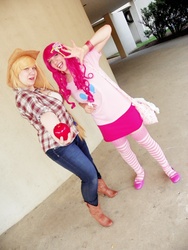 Size: 3216x4288 | Tagged: safe, artist:qpupcosplay, applejack, pinkie pie, human, g4, cosplay, irl, irl human, photo