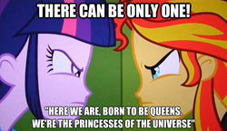 Size: 625x359 | Tagged: safe, sunset shimmer, twilight sparkle, equestria girls, g4, my little pony equestria girls, highlander, image macro, princes of the universe, queen (band), rivalry