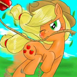 Size: 500x500 | Tagged: safe, artist:wonton soup, applejack, g4, apple, female, food, lasso, mouth hold, running, solo, wink