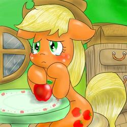 Size: 500x500 | Tagged: safe, artist:wonton soup, applejack, earth pony, pony, g4, apple, applejack's hat, cowboy hat, crying, female, floppy ears, food, freckles, green eyes, hat, indoors, mare, sitting, solo, table, tail, teary eyes, window