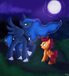 Size: 1200x1324 | Tagged: safe, artist:trefleix, princess luna, scootaloo, g4, moon