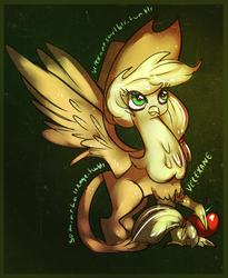 Size: 969x1184 | Tagged: safe, artist:velexane, applejack, griffon, g4, apple, female, griffonized, solo, species swap