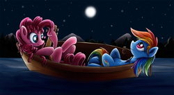 Size: 1500x821 | Tagged: dead source, safe, artist:xioade, pinkie pie, rainbow dash, earth pony, pegasus, pony, g4, boat, duo, duo female, female, lute, mare, moon, moonlight, musical instrument, night, night sky, stargazing, stars, water