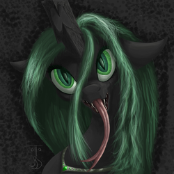 Size: 1024x1024 | Tagged: safe, artist:tattertailart, queen chrysalis, changeling, changeling queen, g4, female, kitchen eyes, looking at you, portrait, solo, tongue out