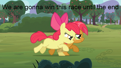 Size: 640x360 | Tagged: safe, edit, edited screencap, screencap, apple bloom, babs seed, apple family reunion, g4, dialogue, duo, duo female, female, image macro, rope, running, seven-legged race