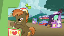 Size: 640x360 | Tagged: safe, screencap, apple bytes, archer (character), button mash, scootablue, earth pony, pony, g4, hearts and hooves day (episode), arcade, arcade game, colt, crane game, gamer, hearts and hooves day, high score, male, the claw, the perfect stallion