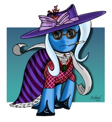 Size: 2303x2504 | Tagged: safe, artist:berlioz-ii, trixie, pony, unicorn, g4, clothes, dress, female, hat, mare, smoking, solo, sunglasses