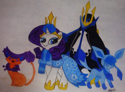 Size: 915x671 | Tagged: safe, artist:tvensnake, rarity, delcatty, empoleon, glaceon, g4, clothes, crossover, crown, dress, pokémon, scarf, traditional art