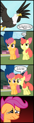 Size: 900x3200 | Tagged: safe, artist:the-ross, apple bloom, scootaloo, bald eagle, eagle, g4, comic, crying, sad, scootabuse, scootaloo can't fly, scootalove denied