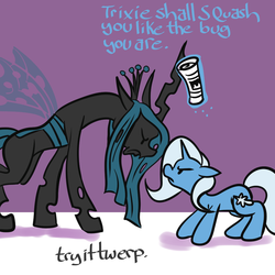 Size: 1000x1000 | Tagged: safe, artist:fauxsquared, queen chrysalis, trixie, changeling, changeling queen, pony, unicorn, trixie is magic, g4, dialogue, duo, duo female, female, mare, newspaper