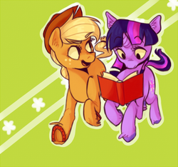 Size: 600x562 | Tagged: safe, artist:hopelord, applejack, twilight sparkle, g4, book, female, horseshoes, lesbian, reading, ship:twijack, shipping, unshorn fetlocks