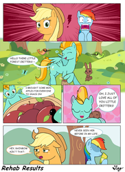 Size: 1200x1650 | Tagged: safe, artist:tikyotheenigma, applejack, lightning dust, rainbow dash, g4, animal, comic, rehab