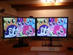 Size: 1632x1224 | Tagged: safe, applejack, fluttershy, pinkie pie, rainbow dash, rarity, twilight sparkle, g4, computer, monitor, photo, wallpaper