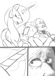 Size: 678x924 | Tagged: safe, artist:lowkey, princess celestia, human, g4, comic, monochrome, psychiatry, psychology, sigmund freud, wingless