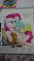 Size: 1024x1816 | Tagged: safe, artist:andypriceart, pinkie pie, g4, cake, drugs, food, photo, sketchbook, sugar (food), traditional art