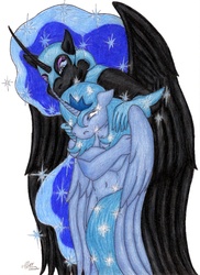 Size: 693x950 | Tagged: safe, artist:lunarlight-prism, nightmare moon, princess luna, anthro, g4, duality, duo, traditional art
