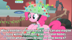 Size: 640x360 | Tagged: safe, edit, edited screencap, screencap, pinkie pie, feeling pinkie keen, g4, caption, female, image macro, laboratory, meta, question, solo, text