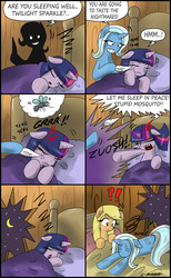 Size: 1891x3070 | Tagged: safe, artist:ciriliko, applejack, trixie, twilight sparkle, earth pony, pony, unicorn, g4, comic, creeper, feather, female, inconvenient trixie, magic, mare, onomatopoeia, sleeping, sound effects, tickling, zzz