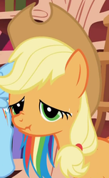 Size: 336x549 | Tagged: safe, screencap, applejack, rainbow dash, pony, g4, sonic rainboom (episode), derp, sad, scrunchy face, unhapplejack