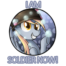 Size: 500x500 | Tagged: safe, artist:tina-chan, edit, derpy hooves, pegasus, pony, g4, caption, derpy soldier, female, image macro, mare, rubberfruit, smiling, soldier, soldier (tf2), solo, team fortress 2