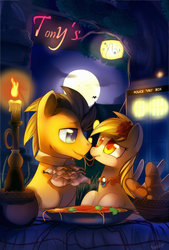Size: 735x1087 | Tagged: dead source, safe, artist:si1vr, derpy hooves, doctor whooves, time turner, pegasus, pony, g4, candle, duo, eating, female, food, lady and the tramp, male, mare, parody, ship:doctorderpy, shipping, spaghetti, spaghetti scene, straight, table, tardis