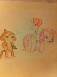 Size: 900x1205 | Tagged: safe, artist:davetheknifepartyfan, pinkie pie, earth pony, monkey, pony, g4, balloon, bloons, bloons td5, floating, then watch her balloons lift her up to the sky, traditional art