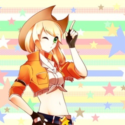 Size: 600x600 | Tagged: safe, artist:lamidien, applejack, human, g4, belly button, belt, clothes, cute, female, fingerless gloves, front knot midriff, gloves, humanized, jackabetes, midriff, one eye closed, solo