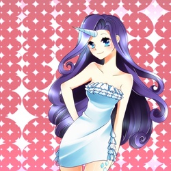 Size: 600x600 | Tagged: safe, artist:lamidien, rarity, human, g4, anime, bare shoulders, clothes, colored pupils, cute, dress, female, hand on hip, horn, horned humanization, humanized, looking at you, raribetes, skinny, solo, strapless, thin