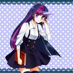 Size: 600x600 | Tagged: safe, artist:lamidien, twilight sparkle, human, g4, anime, book, clothes, female, horn, horned humanization, humanized, skirt, solo, suspenders