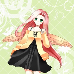 Size: 600x600 | Tagged: safe, artist:lamidien, fluttershy, human, g4, clothes, female, humanized, off shoulder, solo, sweatershy, winged humanization