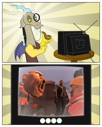 Size: 1050x1299 | Tagged: safe, discord, g4, engineer, engineer (tf2), exploitable meme, francis, gmod, left 4 dead, meme, monocle, pipe, rubberfruit, soldier, soldier (tf2), sunburst background, team fortress 2, tv meme