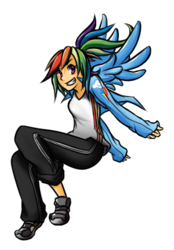 Size: 300x430 | Tagged: safe, artist:unregisteredwaffle, rainbow dash, human, g4, female, humanized, solo, winged humanization