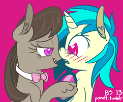 Size: 1000x830 | Tagged: safe, artist:ponett, dj pon-3, octavia melody, vinyl scratch, g4, blushing, female, lesbian, ship:scratchtavia, shipping, unshorn fetlocks