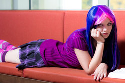 Size: 1024x683 | Tagged: safe, artist:lilium666, twilight sparkle, human, g4, checkered socks, cosplay, female, frown, irl, irl human, photo, piercing, solo