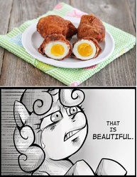 Size: 540x700 | Tagged: safe, sweetie belle, pony, unicorn, g4, bacon, bacon and eggs, breakfast, deep fried, egg (food), exploitable meme, female, filly, foal, food, horn, meat, meme, plate, soft boiled egg, that is beautiful, what has science done