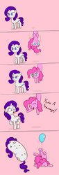 Size: 520x1534 | Tagged: safe, artist:poptart36, pinkie pie, rarity, pony, g4, balloon, comic, dialogue, duo, faceplant, rariwurst, sausage, transformation, wat