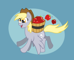 Size: 950x771 | Tagged: safe, artist:9centschange, derpy hooves, pegasus, pony, g4, accessory swap, apple, applejack's hat, basket, female, hat, mare, solo