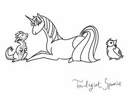 Size: 1024x768 | Tagged: safe, artist:opalacorn, owlowiscious, spike, twilight sparkle, pony, unicorn, g4, monochrome, unicorn twilight