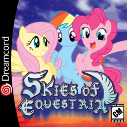 Size: 800x800 | Tagged: safe, artist:nickyv917, fluttershy, pinkie pie, rainbow dash, g4, box art, esrb, parody, sega, sega dreamcast, skies of arcadia, t rating, video game