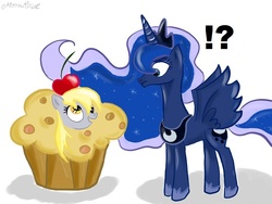 Size: 800x600 | Tagged: safe, artist:moonrosie, derpy hooves, princess luna, pegasus, pony, g4, cherry, female, mare, muffin