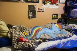 Size: 3008x2000 | Tagged: safe, artist:arkkukakku112, rainbow dash, g4, bed, energy drink, irl, monitor, monster energy, photo, ponies in real life, poster, solo, vector