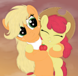 Size: 1846x1800 | Tagged: safe, artist:mrpudding701, apple bloom, applejack, earth pony, pony, g4, accessory swap, apple, cute, female, filly, foal, hat, mare