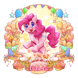 Size: 800x800 | Tagged: safe, artist:tatugon, pinkie pie, earth pony, pony, g4, balloon, cake, colored pupils, cupcake, cute, diapinkes, female, hat, heart eyes, mare, muffin, open mouth, party hat, solo, stars, streamers, wingding eyes