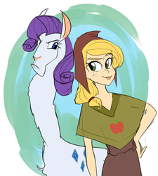 Size: 900x1000 | Tagged: safe, artist:newjm, applejack, rarity, human, llama, g4, abstract background, crossover, disney, duo, humanized, llamafied, rarity is not amused, reference to another series, species swap, the emperor's new groove, unamused