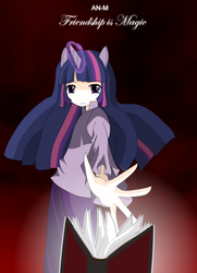 Size: 733x1014 | Tagged: safe, artist:an-m, twilight sparkle, human, g4, book, clothes, eared humanization, female, horn, horned humanization, humanized, long skirt, skirt, solo