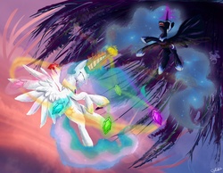 Size: 5778x4483 | Tagged: safe, artist:owlvortex, nightmare moon, princess celestia, g4, princess twilight sparkle (episode), absurd resolution, banishment, crying, elements of harmony, fight, magic