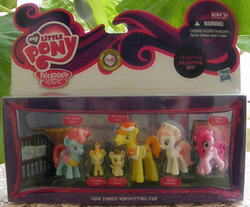 Size: 617x510 | Tagged: safe, carrot cake, cup cake, nurse redheart, pinkie pie, pound cake, pumpkin cake, earth pony, pony, g4, official, baby, baby pony, dazzle cake, figure, foal, male, miniature collection, stallion, toy