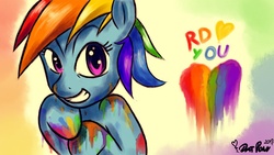 Size: 1920x1080 | Tagged: safe, artist:datponypl, rainbow dash, pegasus, pony, g4, female, heart, liquid rainbow, looking at you, messy, paint on fur, solo, text, wallpaper