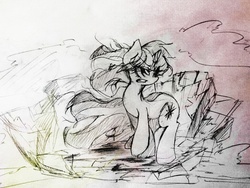 Size: 1024x768 | Tagged: safe, artist:black dog, twilight sparkle, g4, angry, crater, female, monochrome, solo